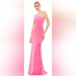 Mac Duggal JERSEY ONE SHOULDER BELTED TRUMPET GOWN NWT size 6 Candy Pink (26581)